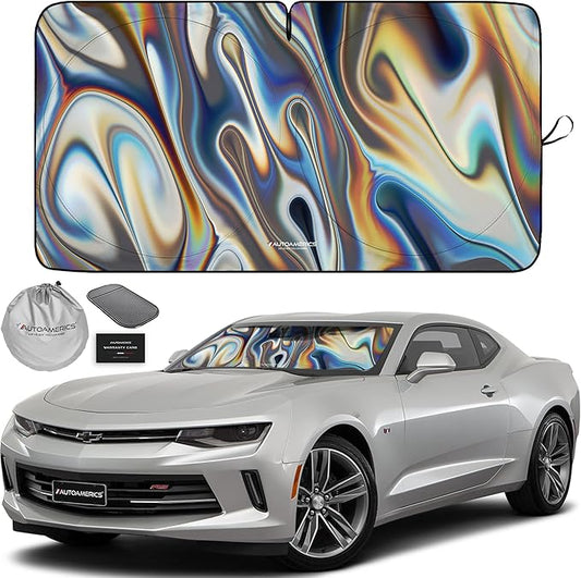 Autoamerics 1-Piece Windshield Sun Shade - Chrome Liquid Foldable Car Front Window Sunshade for Cars SUV Truck - Heat Blocker Visor Protector Blocks Max UV Rays and Keeps Your Vehicle Cool - Small