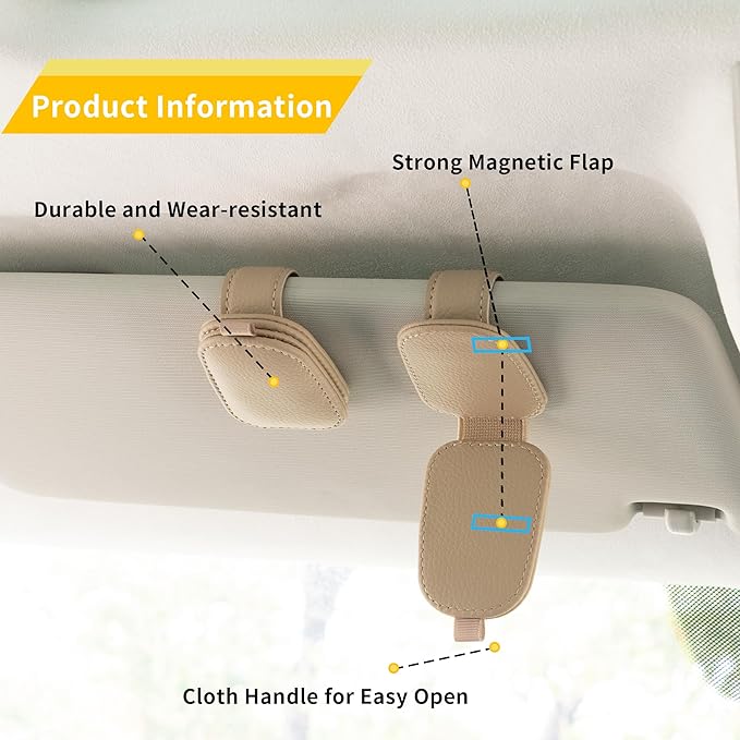 Yuoyar Sunglass Holder for Car, Magnetic Leather Sunglasses Holder and Ticket Card Clip, Car Visor Accessories, 2 Packs (Beige)