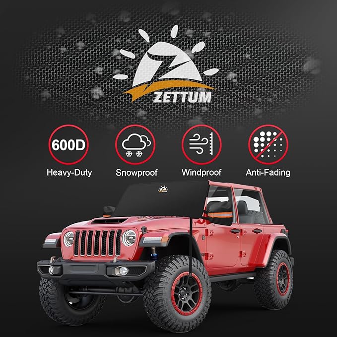 Zettum Car Windshield Snow Cover for Jeep Wrangler - 600D Car Windshield Snow Ice Cover Front Window Covers for Jeep Wrangler, Jeeps Gladiator, Ford Bronco, Toyota FJ Cruiser, Benz G Class, and More