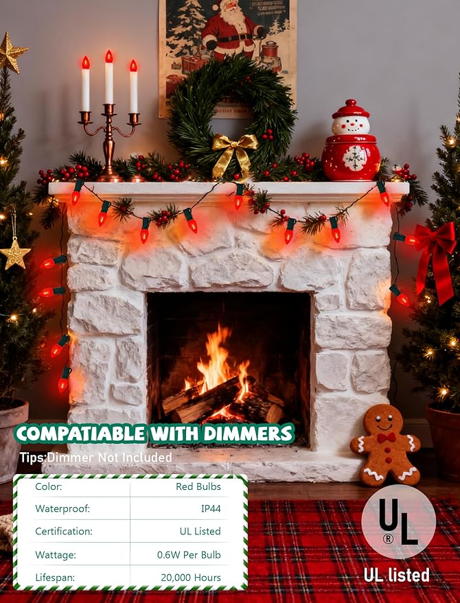 25 Pack C7 LED Replacement Light Bulbs, Shatterproof Christmas C7 LED Red Lights Bulbs for Outdoor String Lights Patio Party Window Candles Chandelier Decor, E12/C7 Candelabra Base, 2700K Warm White