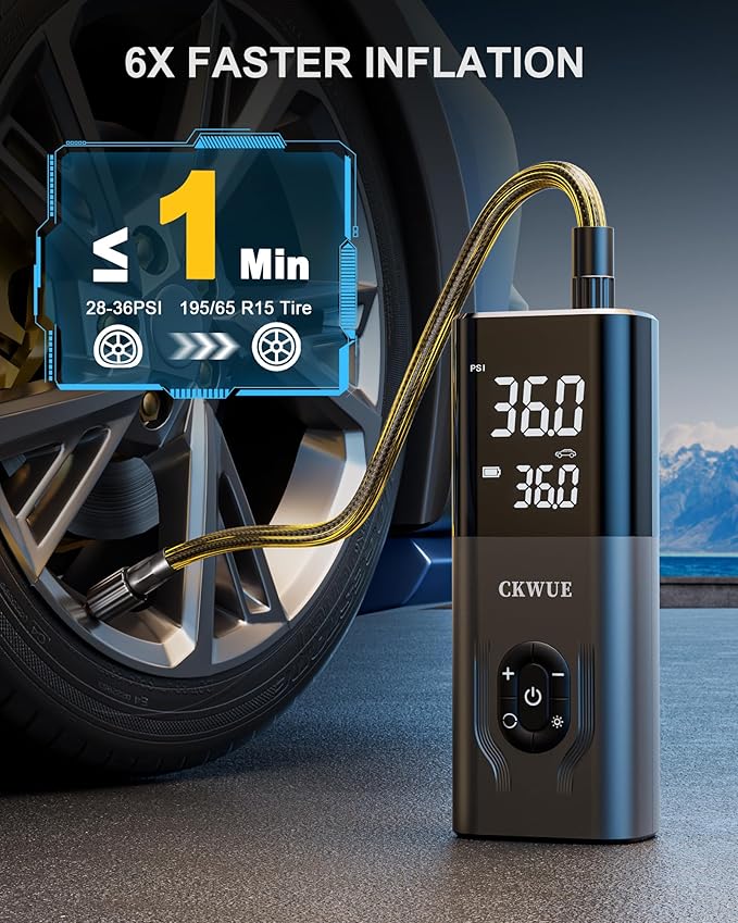 Tire Inflator Portable Air Compressor, CKWUE 180PSI Cordless Air Compressor, 6X Faster Air Pump with Digital Pressure Gauge, ire Air Pump with Dual Mode Inflation （Brown）