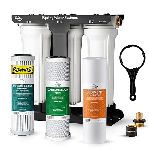 iSpring 3-Stage RV Water Filter System, SGS-Tested up to 99.99% Bacteria and Viruses Removal, Reduces Chlorine, Lead, and Sediment, Leak-Free Brass Fittings, External Mounting Bracket, Model: CW31-BV