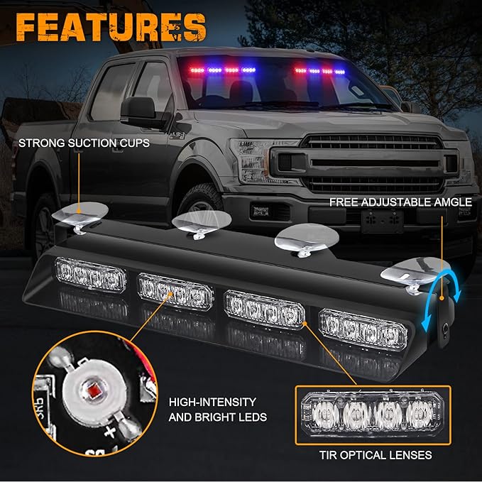 XRIDONSEN Emergency Strobe Dash Police Lights Safety Flashing Warning Hazard Interior Front/Rear Windshield Deck Split Light Bar w/Suction Cups for Vehicles Trucks (2x14 inch, Red Blue)