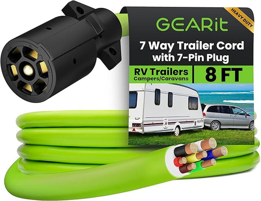 GEARit 7 Way Trailer Cord (8 Feet) 7-Pin Plug Weatherproof Heavy Duty Wiring Harness Cable for for RV Trailers and Campers - 8Ft