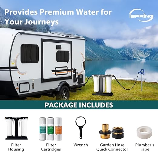 iSpring 3-Stage RV Water Filter System, SGS-Tested up to 99.99% Bacteria and Viruses Removal, Reduces Chlorine, Lead, and Sediment, Leak-Free Brass Fittings, External Mounting Bracket, Model: CW31-BV