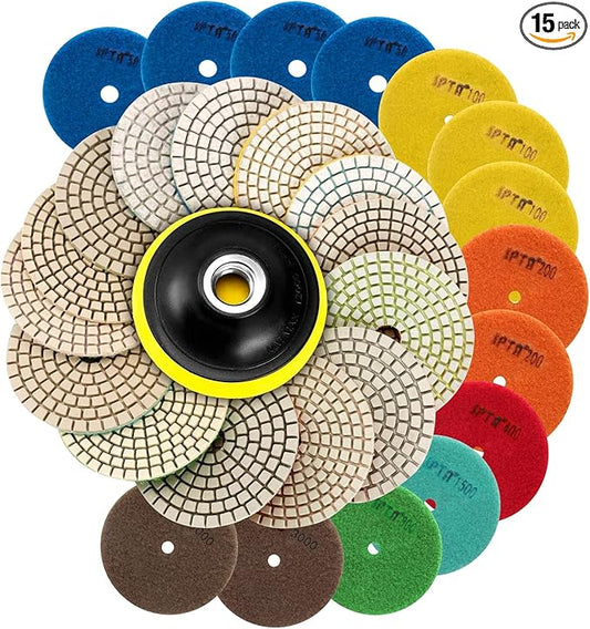 SPTA 15pcs Diamond Wet Polishing Pads Set, 4 inch, White, 50#-6000#, For Granite, Concrete, Marble, Stone, Tiles, With Floor Grinder or Polisher