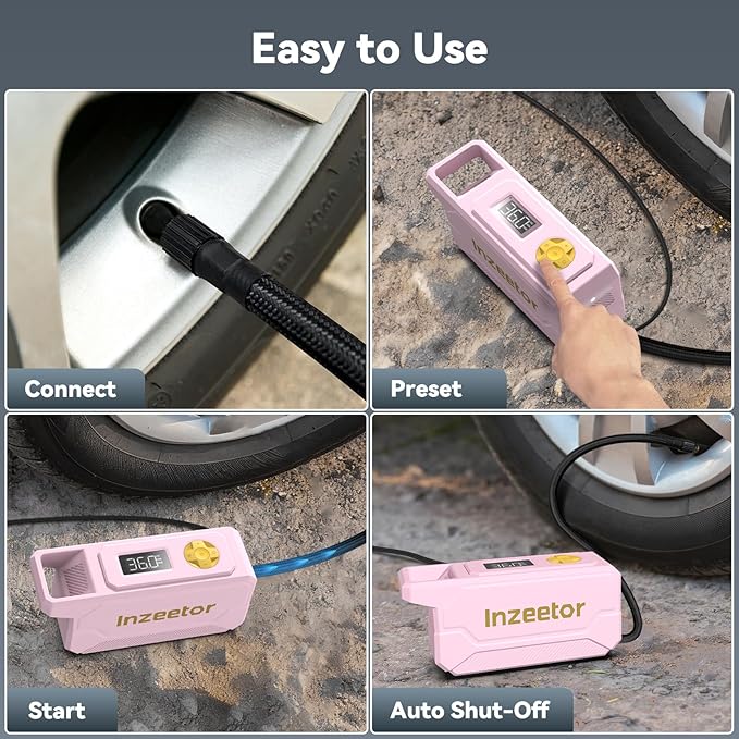 150 PSI Tire Inflator Portable Air Compressor, 12V DC Auto Shutoff Air Pump with Digital Pressure Gauge and Emergency LED Light for Car Tires, Bicycle & Balloons, Pink