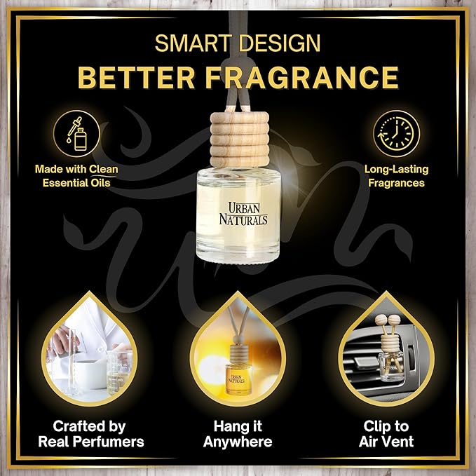 Urban Naturals Car Air Freshener Diffuser 3 Pack - Ocean Mist & Sea Salt Scent, 45+ Days Long Lasting Fragrance, Made in USA, Glass & Wood, Hanging Design + Vent Cip, Easy to Use