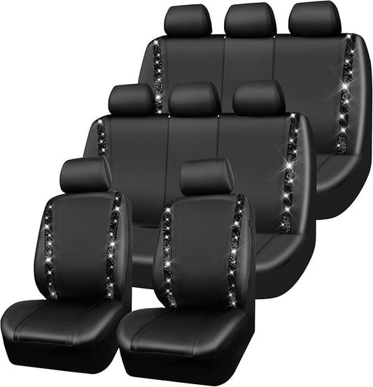 CAR PASS Bling Diamond Car Seat Covers,Shining Rhinestones Waterproof Faux Leather, 8 Seats 3 Rows with Zipper Glitter Crystal Sparkle Strips Universal Fit 95% MPV,SUV,CAR for Women Girl, Black