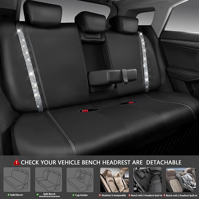 CAR PASS Bling Diamond Car Seat Covers, Shining Rhinestones Waterproof Faux Leather, 8 Seats 3 Rows with Zipper Glitter Crystal Sparkle Strips Universal Fit 95% MPV,SUV,CAR for Women Girl, Silver