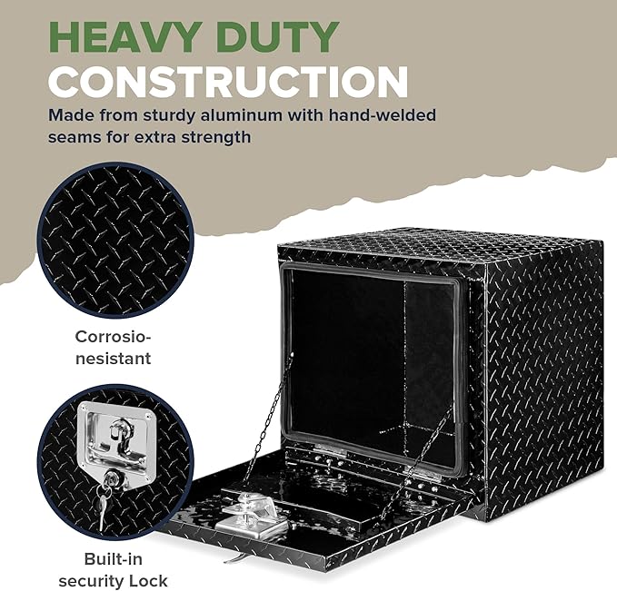 ARKSEN 18 Inch Heavy Duty Aluminum Diamond Plate Tool Underbody Box, Waterproof Square Truck Storage Organizer Chest for Pick Up Truck Bed, RV Trailer with T-Handle Lock and Keys - Black