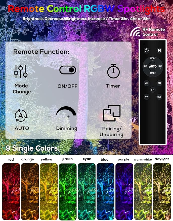 ZYAN Solar Landscape Spotlights Outdoor, RGBW Color LED Uplights with Remote, Auto On/Off, 12000mAh Dusk to Dawn, Mono Panels & USB-C Powered IP65 Waterproof Spot Lights for Yard Pathway Trees 8 Pack