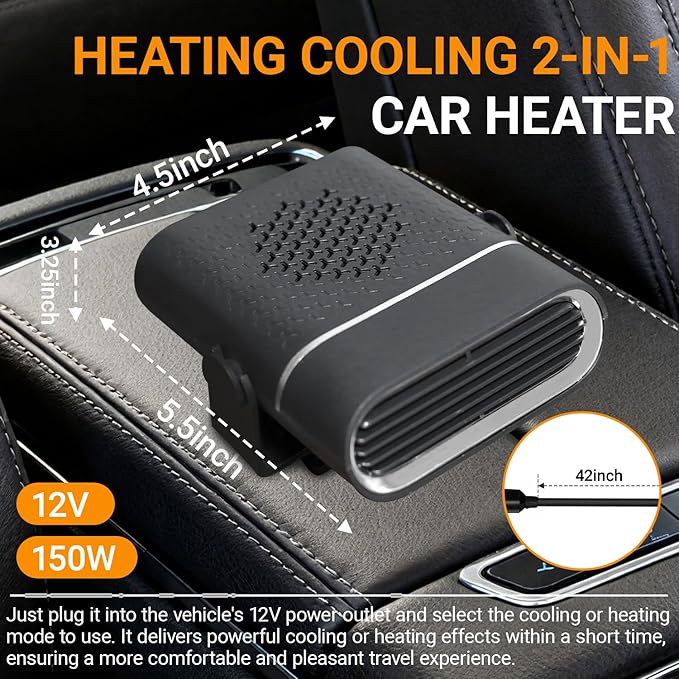 150W Auto car heater, 12V Portable Heater and Cooling Fan, Dual Mode Defogger Defroster with 360° Adjustable Vent, Easy Plug in Use
