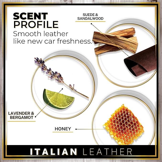 Urban Naturals Car Air Freshener Diffuser 3 Pack - Italian Leather Scent, 45+ Days Long Lasting Fragrance, Made in USA, Glass & Wood, Hanging Design + Vent Cip, Easy to Use