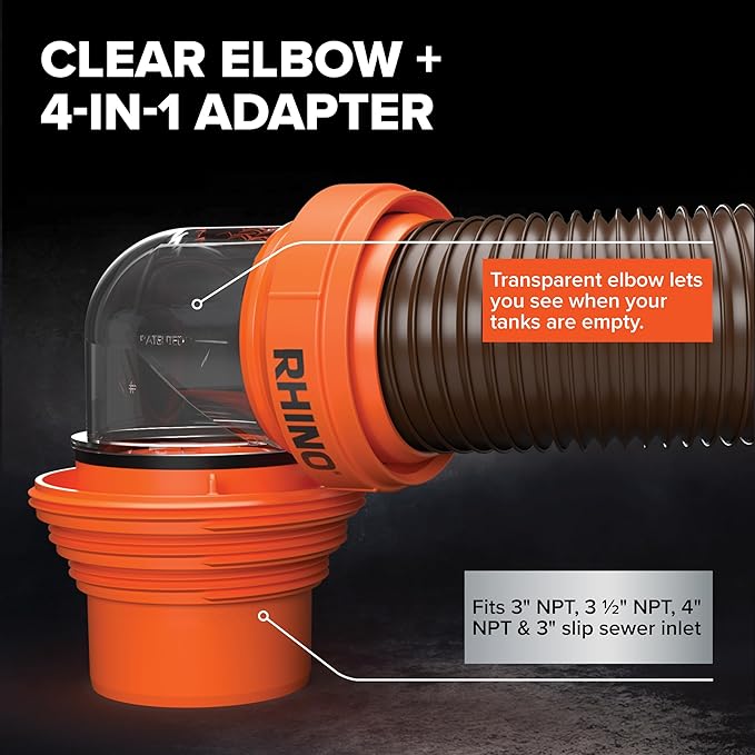 Camco RhinoFLEX 15-Ft RV Sewer Hose Kit - Features Clear Elbow Fitting w/Removable 4-in-1 Adapter - Connects to 3” Slip or 3”/3.5”/4” NPT Threaded Sewer Connection (39770)