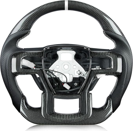 Steering Wheel for F150 Raptor 2017-2020 Real Carbon Fiber with Heated with Decorative Trim Piece White Stripe&Stitching Black Nappa Leather D-shaped for Raptor with Paddle Shifters Models
