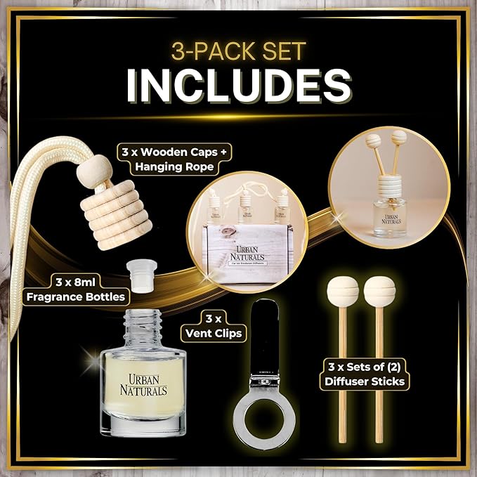 Urban Naturals Car Air Freshener Diffuser 3 Pack - Man Cave Essentials Scent, 45+ Days Long Lasting Fragrance, Made in USA, Glass & Wood, Hanging Design + Vent Cip, Easy to Use