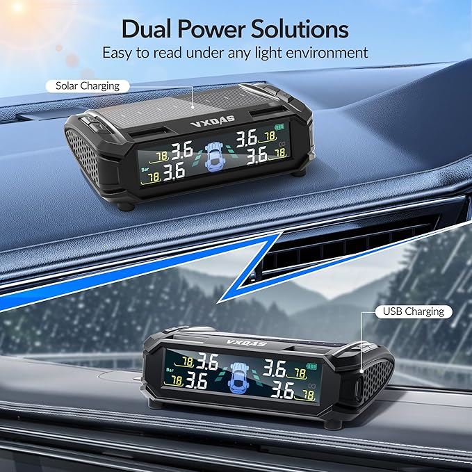 VXDAS RV Accessories Tire Pressure Monitoring System, Wireless Solar TPMS with 4 Sensors & 4 Alarm Modes, Tire Pressure Monitor with LCD Display & Auto Sleep/Wake-up Mode, Easy to Install for RV