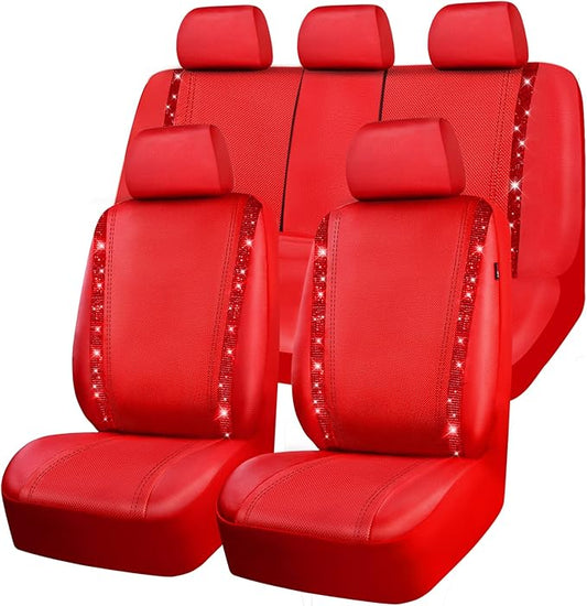 CAR PASS Bling Diamond Car Seat Covers Full Set, Shining Rhinestone Waterproof Faux Leather, Rear with Zipper, Universal Fit Automotive Glitter Crystal Sparkle Strips for Cute Women Girl, Red