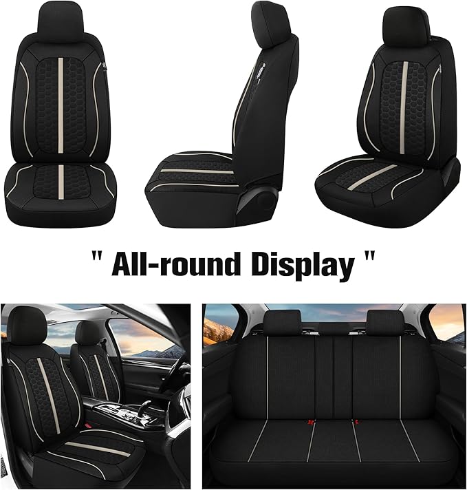 Breathable Premium Car Seat Covers Full Set，3D Air-Mesh Seat Covers for Cars，Comfortable Safety Airbag Compatible，Universal for Most Cars Sedan Truck SUV(Black/Beige)
