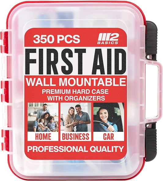 M2 BASICS Professional 350-Piece First Aid Kit – First Aid Kit for Car, Home, Office, Business & Vehicles – Organized Dual-Layer Wall-Mountable Hard Case, Emergency Medical, OSHA Workplace Safety