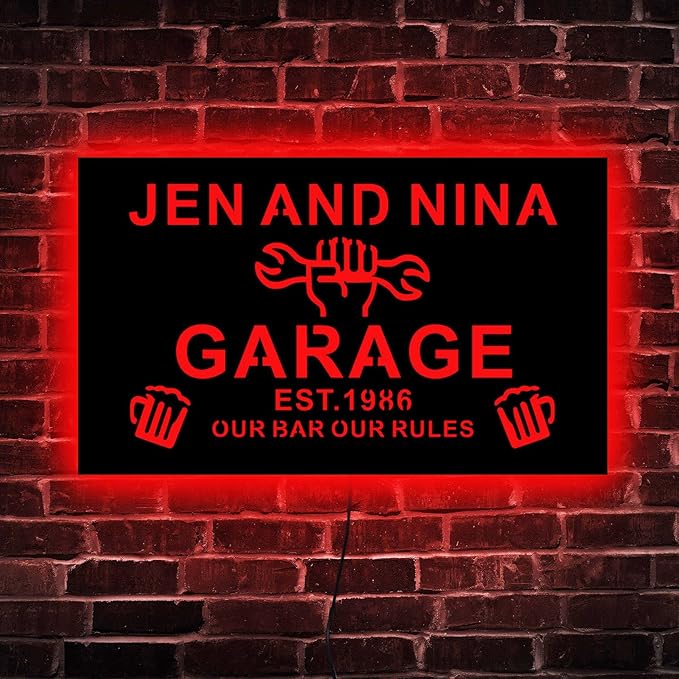 Custom Garage LED Sign, 12.0 inches × 7.0 inches, Wood, Art Deco, Personalized Garage Neon Light, Wall Mount, Neon Light, Property Decorative Signage