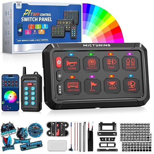 MICTUNING P1Y 8 Gang Switch Panel, Remote and APP Control, Up to 230FT, Adjustable Strobe Pulse Momentary, 6-Level Dimming, 12-24V Waterproof Multifunction Toggle Switch for Car Boat RV Truck Offroad
