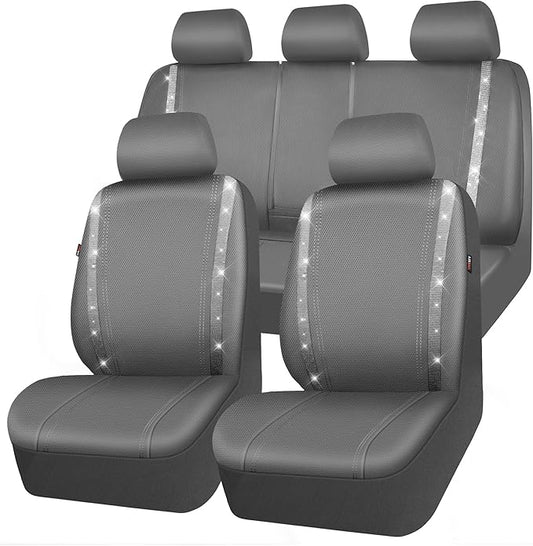 CAR PASS Bling Car Seat Covers Full Set, Shining Glitter Rhinestone Diamond Waterproof Faux Leather Interior Sets Universal Fit Automotive Glitter Crystal Sparkle Strips for Cute Women Girl, Gray