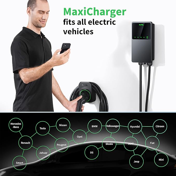 Autel MaxiCharger Home Electric Vehicle (EV) Charger, up to 40 Amp, 240V, Level 2 WiFi and Bluetooth Enabled EVSE, NEMA 6-50 Plug, Indoor/Outdoor, 25-Foot Cable with Separate Holster, Dark Gray