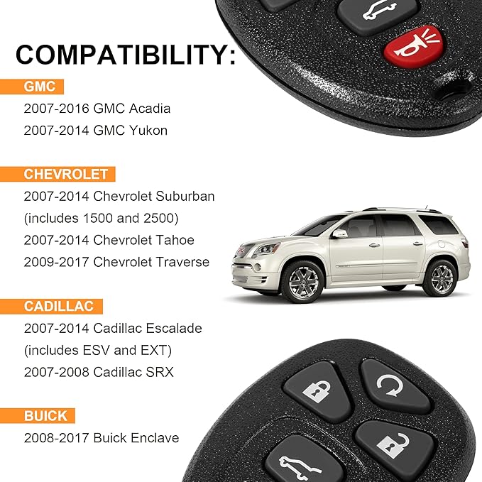 Key Fob, Keyless Entry Remote Start Control Replacement Fits for GMC Acadia 2007-2016 Yukon XL/Chevy Suburban Tahoe Traverse/Cadillac Escalade SRX/Buick Enclave FCC ID: OUC60270, OUC60221, 15913415
