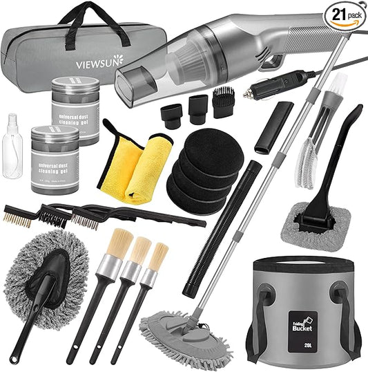 Viewsun 21Pcs Car Cleaning Kit with High Power Handheld Vacuum, Car Wash Mop with Long Handle, Bucket, Detailing Brush Set, Windshield Cleaner, Complete Interior Exterior Washing Supply for Men Women