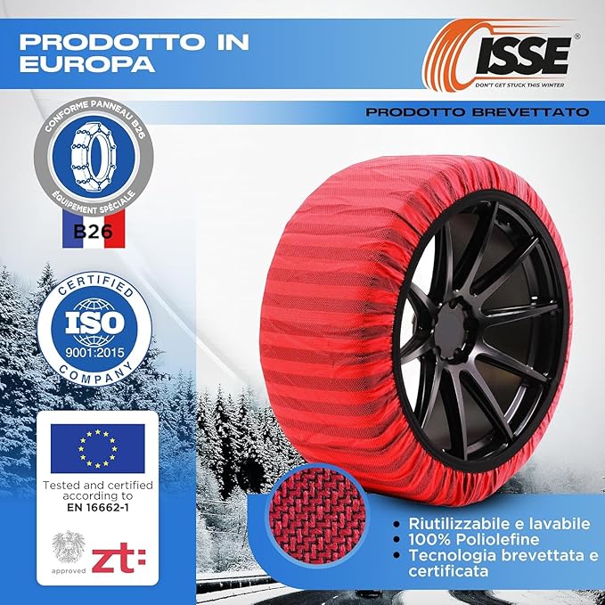 ISSE Safety | Snow Socks for Tires-Alternative Device to Snow Chains or Tire Chains for Cars-Certified Tire Snow Socks Kit (Set of 2 + Gloves) and Snow Chains for Suv