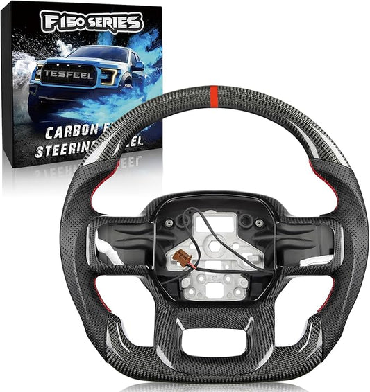 Carbon Fiber Heated Steering Wheel for Ford F-150 2021–2024, Includes Decorative Trim Piece, D-Shaped Flat-Bottom, Hand-Stitched Nappa Grip, for F-150 Models Without Paddle Shifters