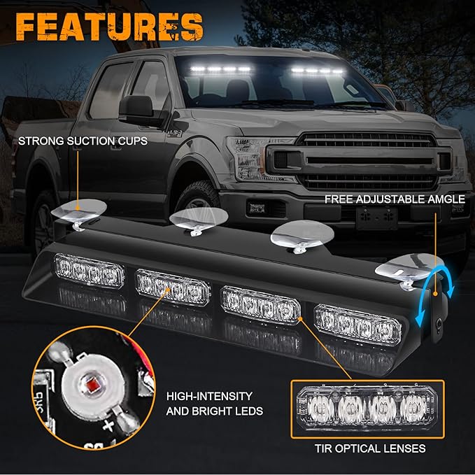 XRIDONSEN White Emergency Dash Strobe Lights Safety Flashing Warning Hazard Interior Front/Rear Windshield Deck Split Light Bar w/Digital Display Controller for Construction Vehicles Trucks