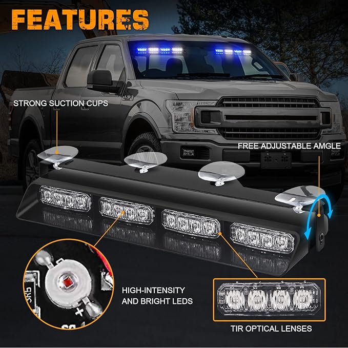 XRIDONSEN Emergency Dash Strobe Lights Safety Flashing Warning Interior Front/Rear Windshield Deck Split Light w/Digital Display Controller for Ambulance Police Vehicles Truck (2x14 inch, Blue White)