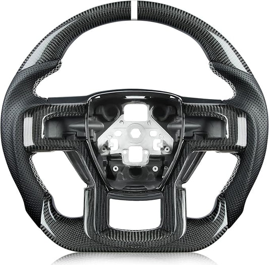 Carbon Fiber Steering Wheel for F150 2015-2020 with Accent Trim Piece White Stripe&Stitching Black Nappa Leather D-shaped Flat-bottom Steering Wheel for F150 without Paddle Shifter Models