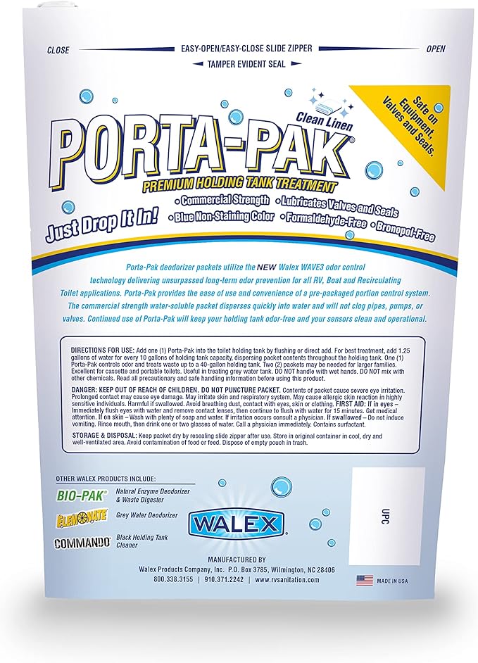 Walex Porta-Pak Black Holding Tank Deodorizer & Portion Control System Drop-Ins - Rapid Breakdown of Waste & Paper, Odor Prevention, Cleans Tank & Sensors - Clean Linen, 10-Pack