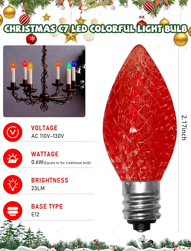 25 Pack C7 LED Multicolor Christmas Light Bulbs, E12 Candelabra Base Bulbs, Shatterproof C7 Multicolor Replacement Light Bulbs for Outdoor Christmas String Lights, Window Candles, Night Light, Patio