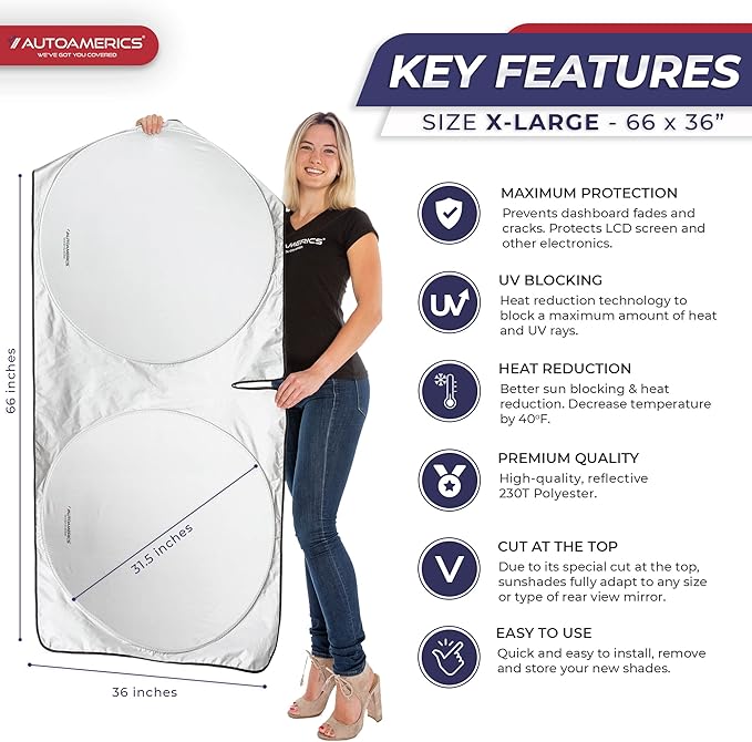 Autoamerics 1-Piece Windshield Sun Shade Standard Silver Foldable Car Front Window Sunshade for Most Cars SUV Truck Heat Blocker Visor Protector Blocks Max UV Rays and Keeps Your Vehicle Cool X-Large