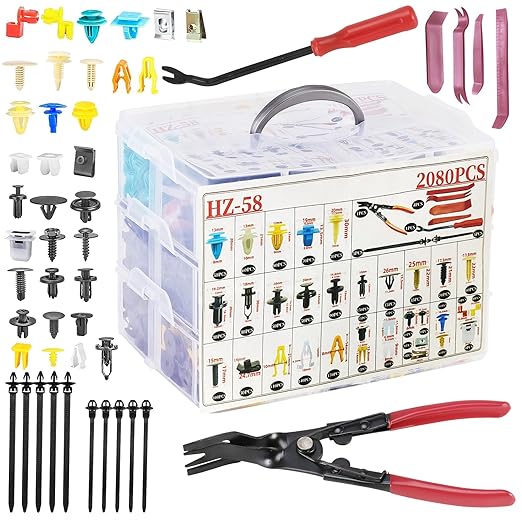 2080Pcs Car Retainer Clips & Fasteners Kit – 33 Universal Sizes Nylon Bumper, Fender Rivets, Door Panel Clips, and Plastic Rivets with 10 Cable Ties and Removal Tool for Toyota, Ford, Benz (2080pcs)