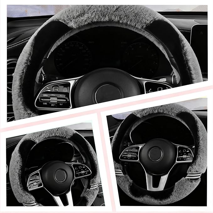 Universual Fluffy Fur Soft Fuzzy Steering Wheel Cover Leather Women Men Pink Sporty Cute 14 inch Car Accessories Non-Slip Decoration