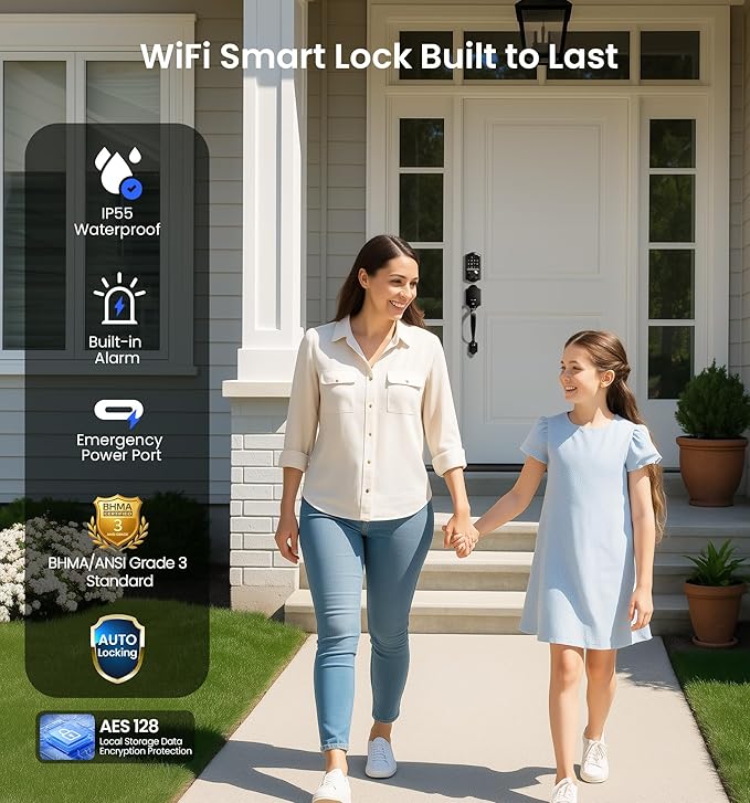 Veise VE017G-H Wi-Fi Smart Fingerprint Front Door Lock Set, Remote App Control, Keyless Entry Deadbolt with Handle, Backlit Keypad, IP55 Weatherproof, Auto Lock, Easy to Install, Matte Black