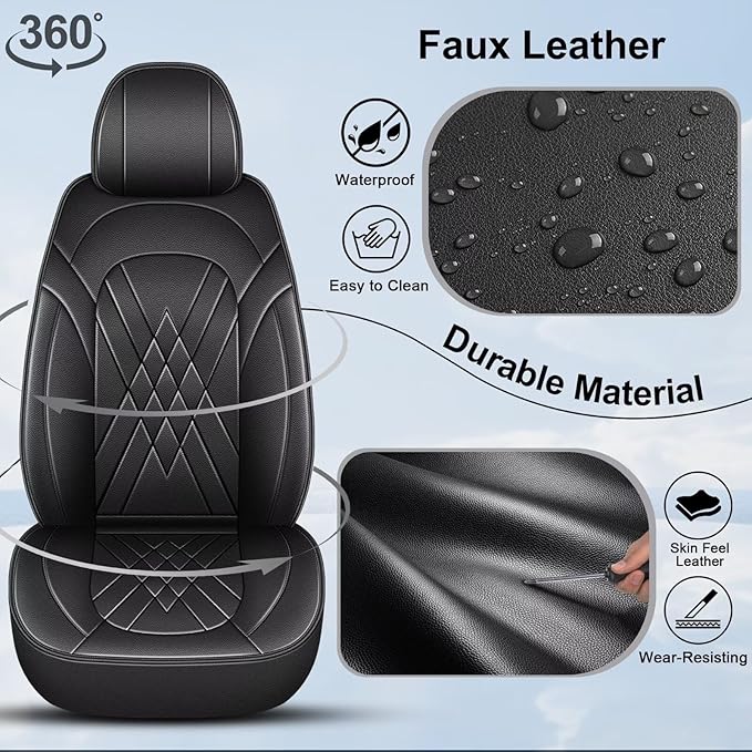 YORKNEIC Car Seat Covers Front Set fit for Jeep Gladiator 2020-2025 2026, Waterproof Faux Leather Seat Covers Ergonomic Comfort Easy Install (2 Front Set, Black)