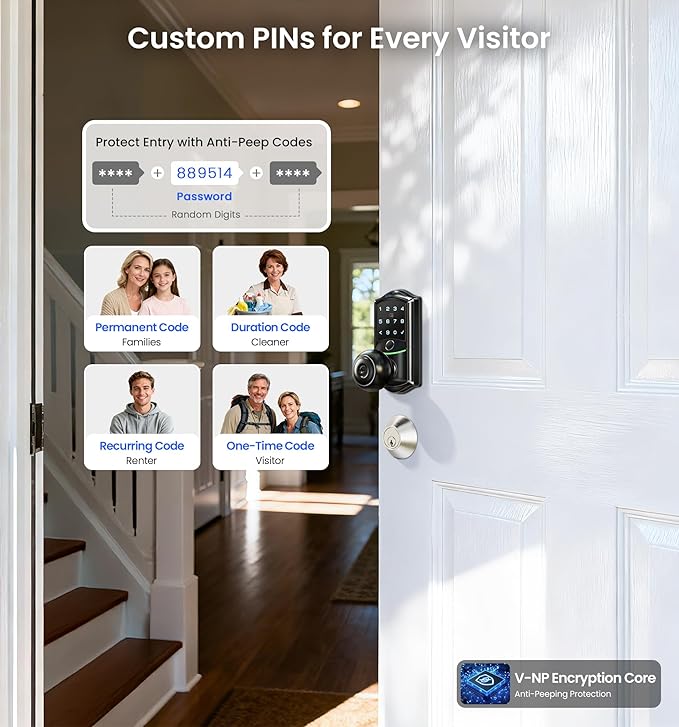Veise VE028 Built-in Wi-Fi Smart Lock with Knob, Fingerprint Keyless Entry with Handle, App Remote & Voice Control, Electronic Digital Keypad for Front Door and Bedroom, IP65 Waterproof, Matte Black