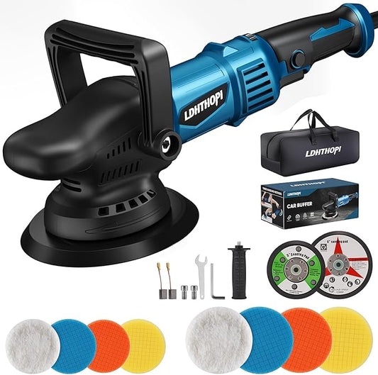 LDHTHOPI Dual Action Polisher, 980W 5/6 Inch, 9MM Random Orbital Buffer Polisher for Car Detailing, 2800-5800RMP, 6 Variable Speed Buffer Polisher with 8 Detachable Pads