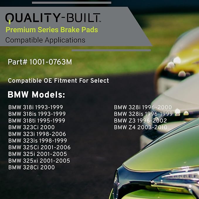 QUALITY-BUILT Premium Semi-Metallic Rear Brake Pads 1001-0763M Compatible with 1993-2010 BMW (318i, 318is, 318ti, 323Ci, 323i, 323is, 325Ci, 325i, 325xi, 328Ci, 328i, 328is, Z3, Z4)