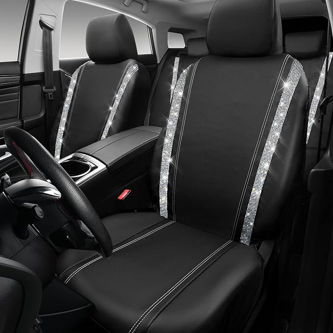 CAR PASS Bling Diamond Car Seat Covers, Shining Rhinestones Waterproof Faux Leather, 8 Seats 3 Rows with Zipper Glitter Crystal Sparkle Strips Universal Fit 95% MPV,SUV,CAR for Women Girl, Silver