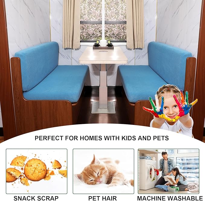 CRFATOP RV Dinette Cushion Covers Jacquard Camper Cushion Slipcover Stretchable Loveseat Sofa Chair Cover Furniture Protector for RV Camper Car Bench 1 Backrest Cover & 1 Bench Cover, Lake Blue