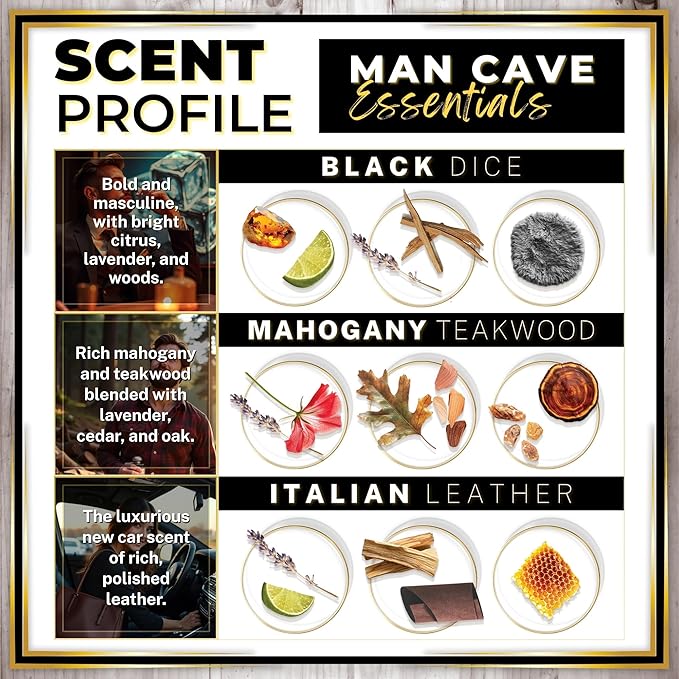 Urban Naturals Car Air Freshener Diffuser 3 Pack - Man Cave Essentials Scent, 45+ Days Long Lasting Fragrance, Made in USA, Glass & Wood, Hanging Design + Vent Cip, Easy to Use