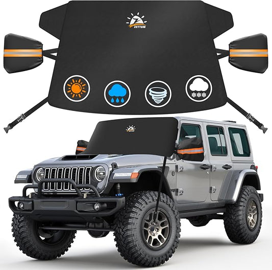 Zettum Car Windshield Snow Cover for Jeep Wrangler - 600D Car Windshield Snow Ice Cover Front Window Covers for Jeep Wrangler, Jeeps Gladiator, Ford Bronco, Toyota FJ Cruiser, Benz G Class, and More
